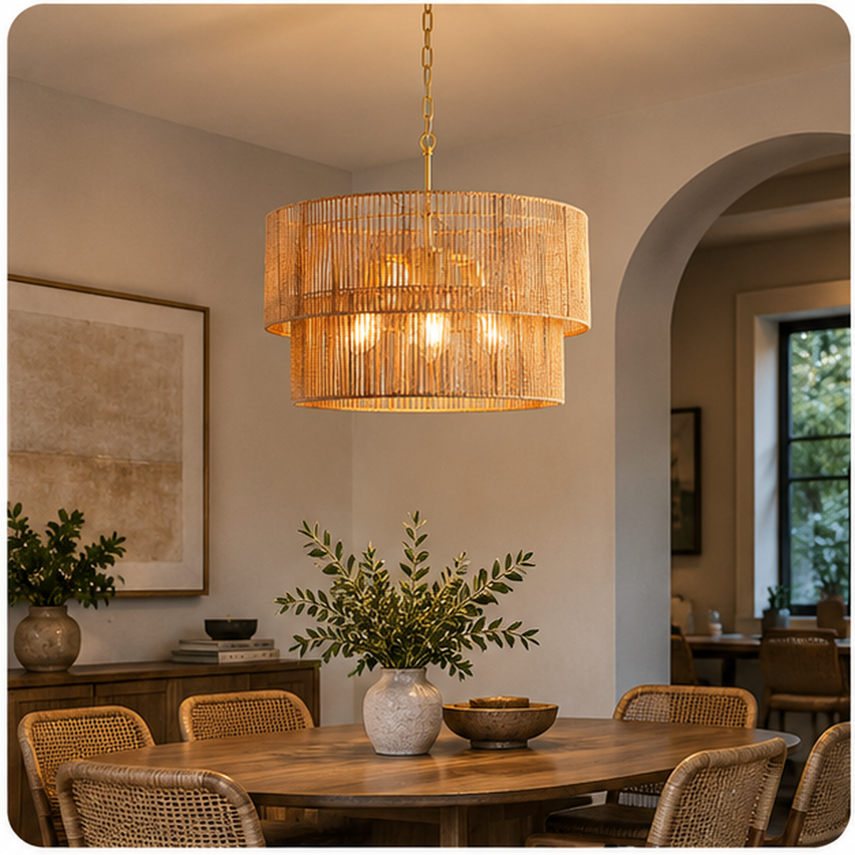 Handwoven Rattan Chandelier | Boho Woven Pendant Ceiling Light