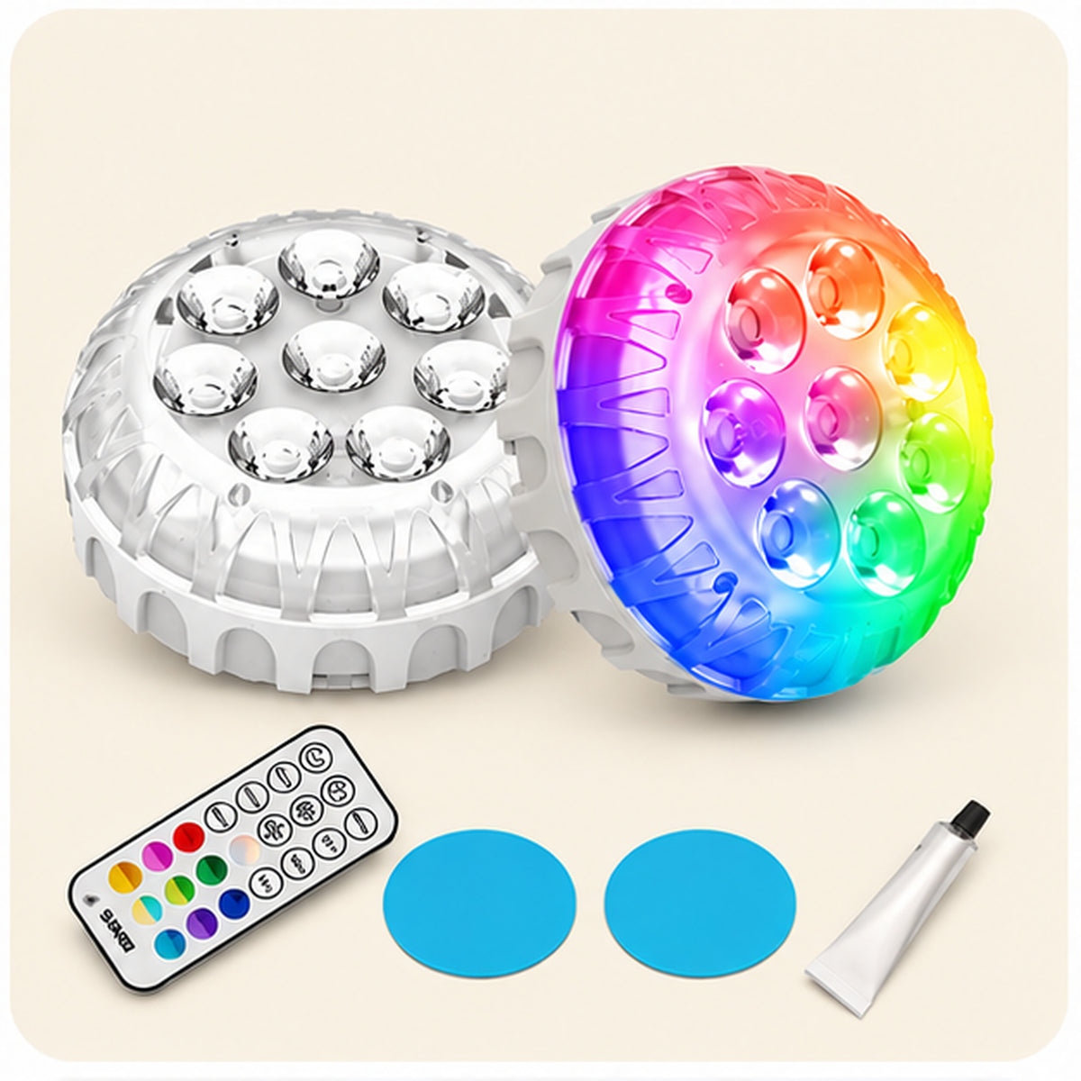 Rechargeable RGB Pool Lights product set on cream background