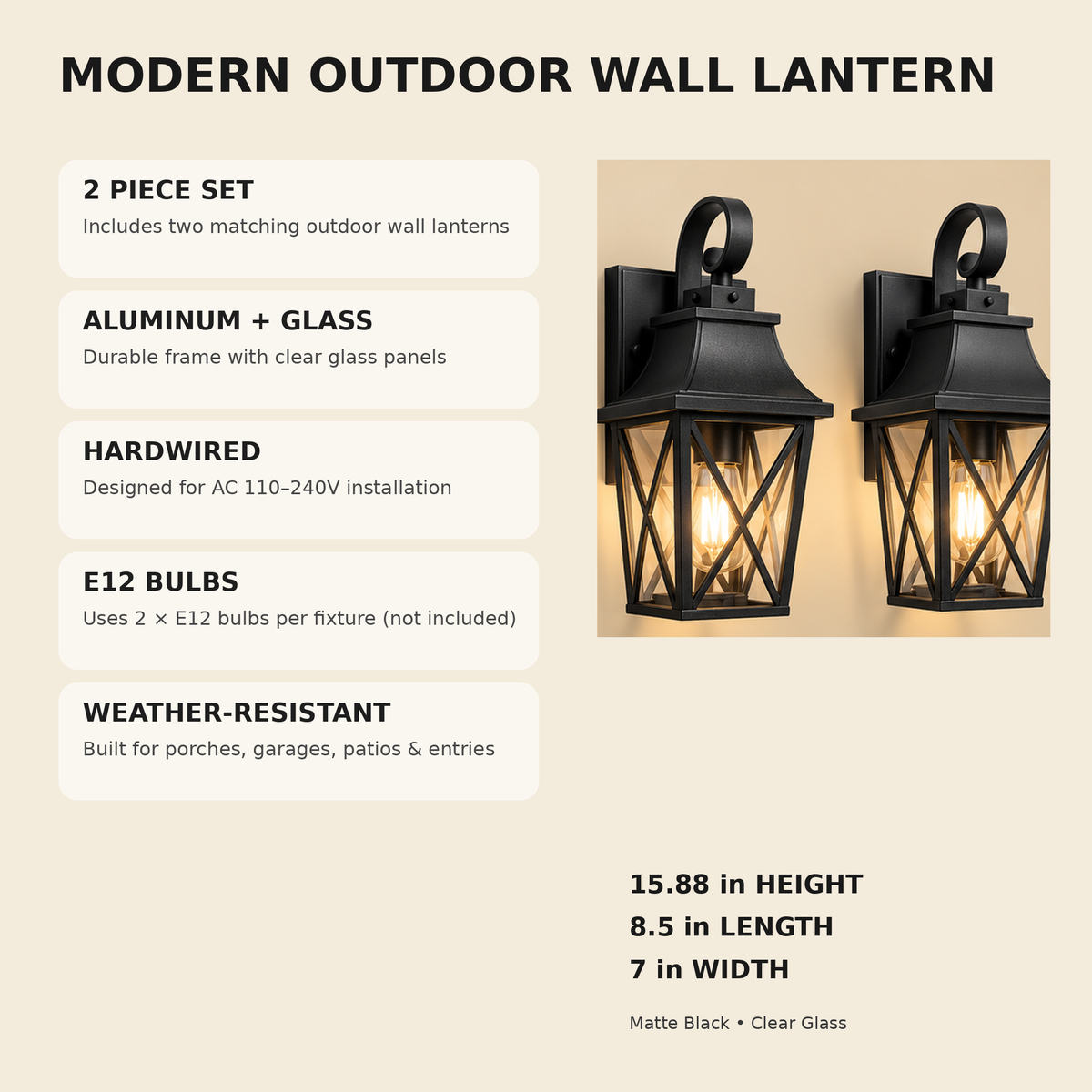 Lucello outdoor wall lantern features and dimensions