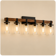 Lucello rustic six-light vanity light on warm beige background