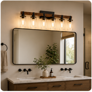 Lucello rustic six-light vanity light installed in a modern bathroom