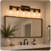 Lucello rustic six-light vanity light above bathroom mirror