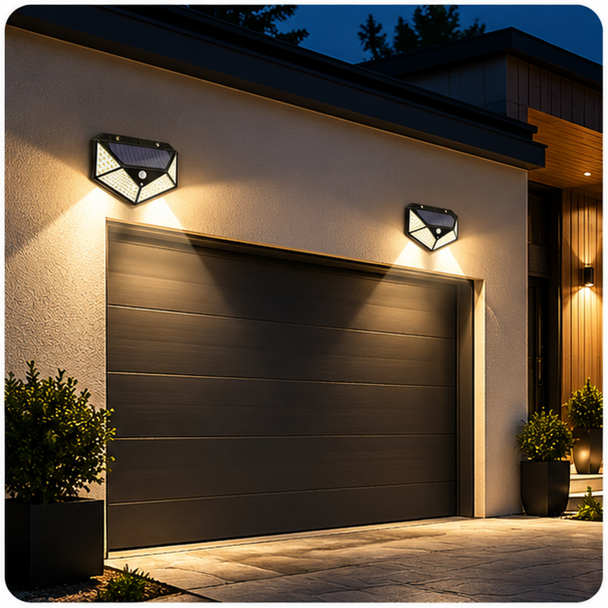 Lucello solar motion lights installed above garage