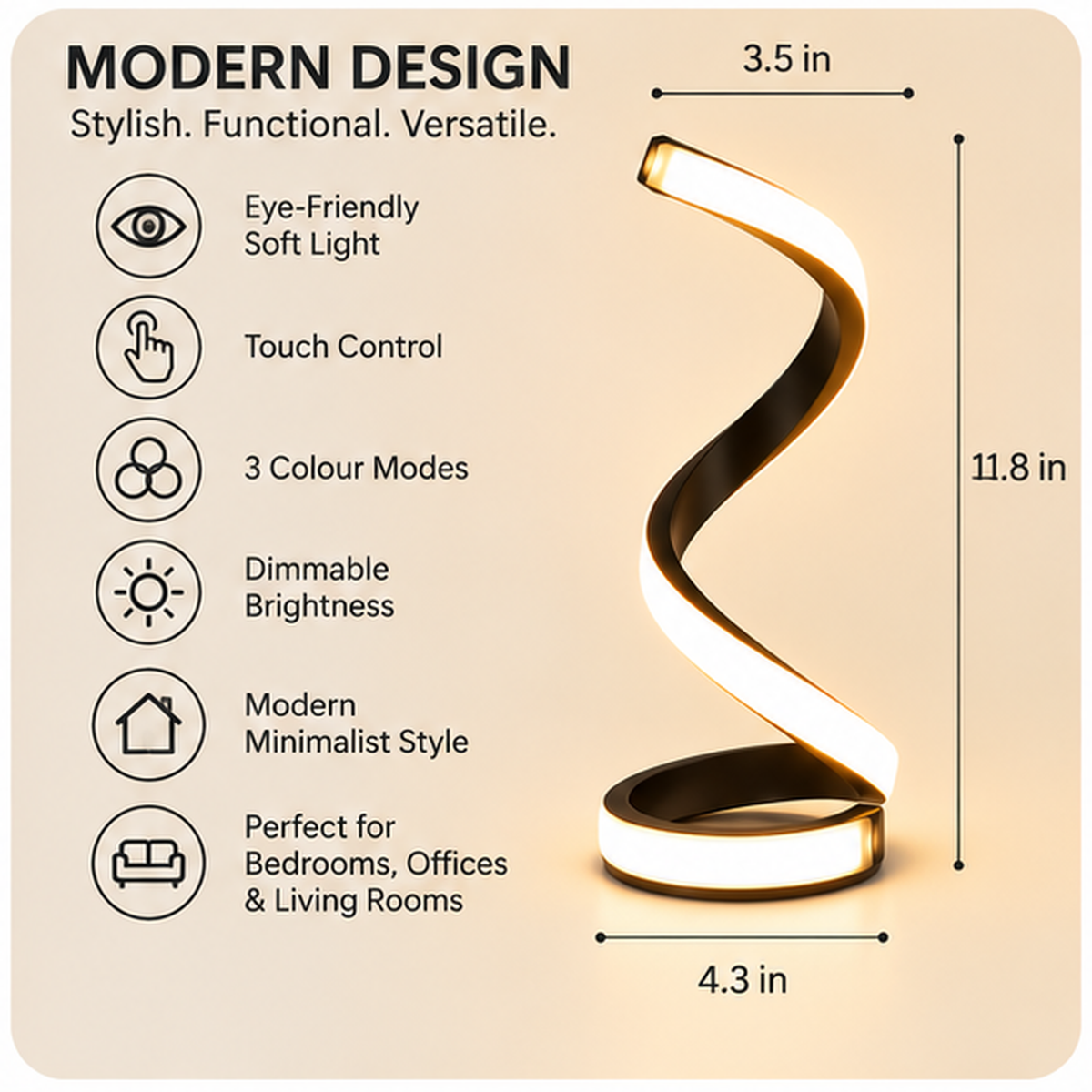 Lucello Spiral LED Table Lamp features and dimensions